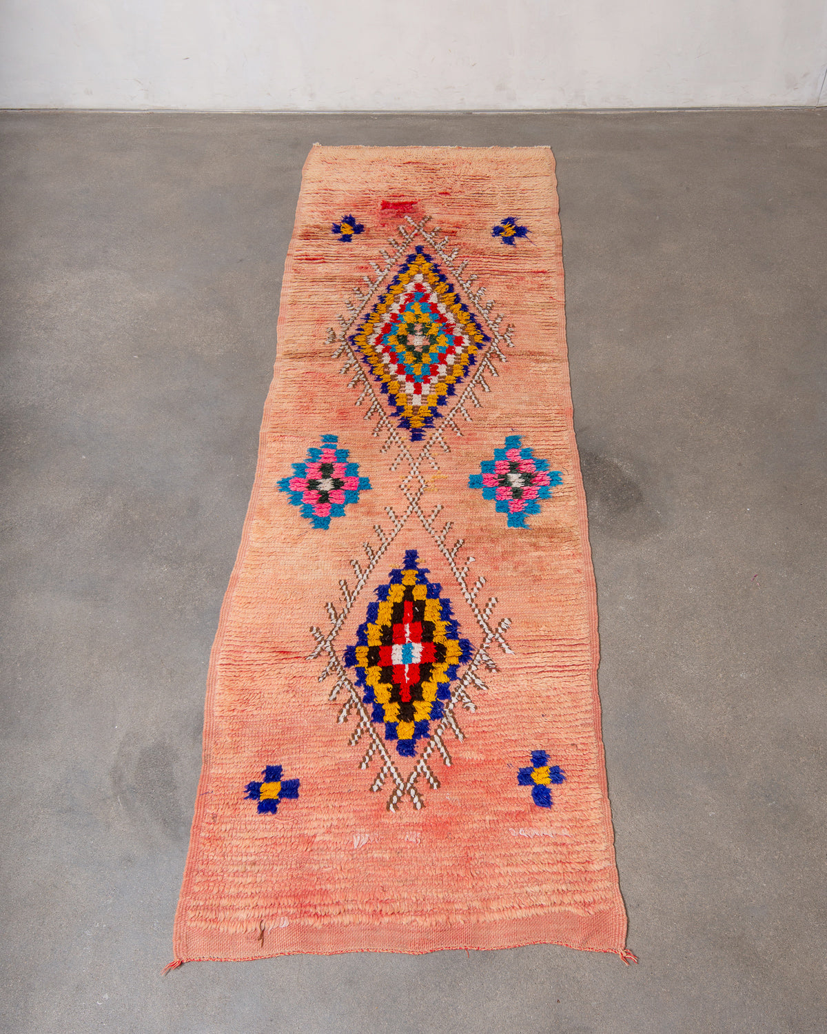 Modern, designer, handcrafted Berber runner rug from Morocco. Vintage carpet with beautiful colours and patterns and fluffy texture.